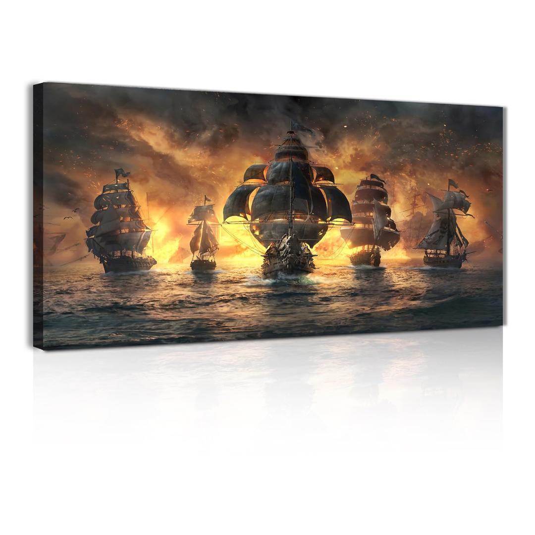 Sorventina Pirate Ship Decorations Art Prints- Pirate Wall Art, Nautical Sailboat Canvas Art Painting for Man Cave, Bar, Conquistador Poster Large Wall Art Pirate Pictures (40x20 Framed)