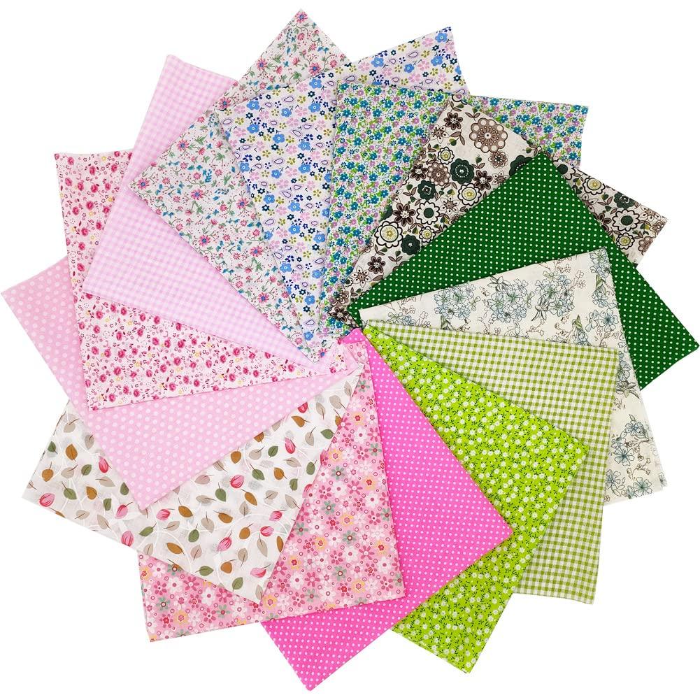 CJINZHI Fat Quarters Fabric Bundles, 14pcs 19.69x19.69inches(50x50cm) Cotton Fabric Quilting Squares lot Precut Patchwork Quarter Sheets for Sewing Patterns Bundle, Pink Green Floral