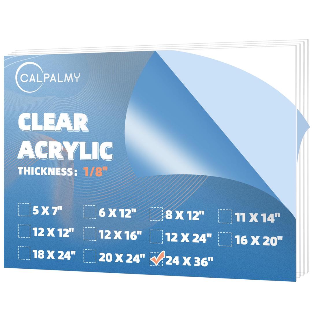 CALPALMY (2 Pack) 1/8" Thick Clear Acrylic Sheets - 24" x 36" Pre-Cut Plexiglass Sheets for Craft Projects, Signs, Display Cases, Sneeze Guard and More - Cut with Engraver, Power Saw or Hand Tools