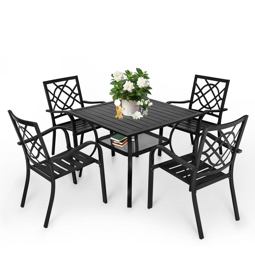 SUNCROWN 5-Piece Outdoor Wrought Iron Chairs and Table Patio Dining Furniture Set - 4 Stackable Metal Chairs, 1 Steel Slat Bistro Table for Garden Backyard Deck