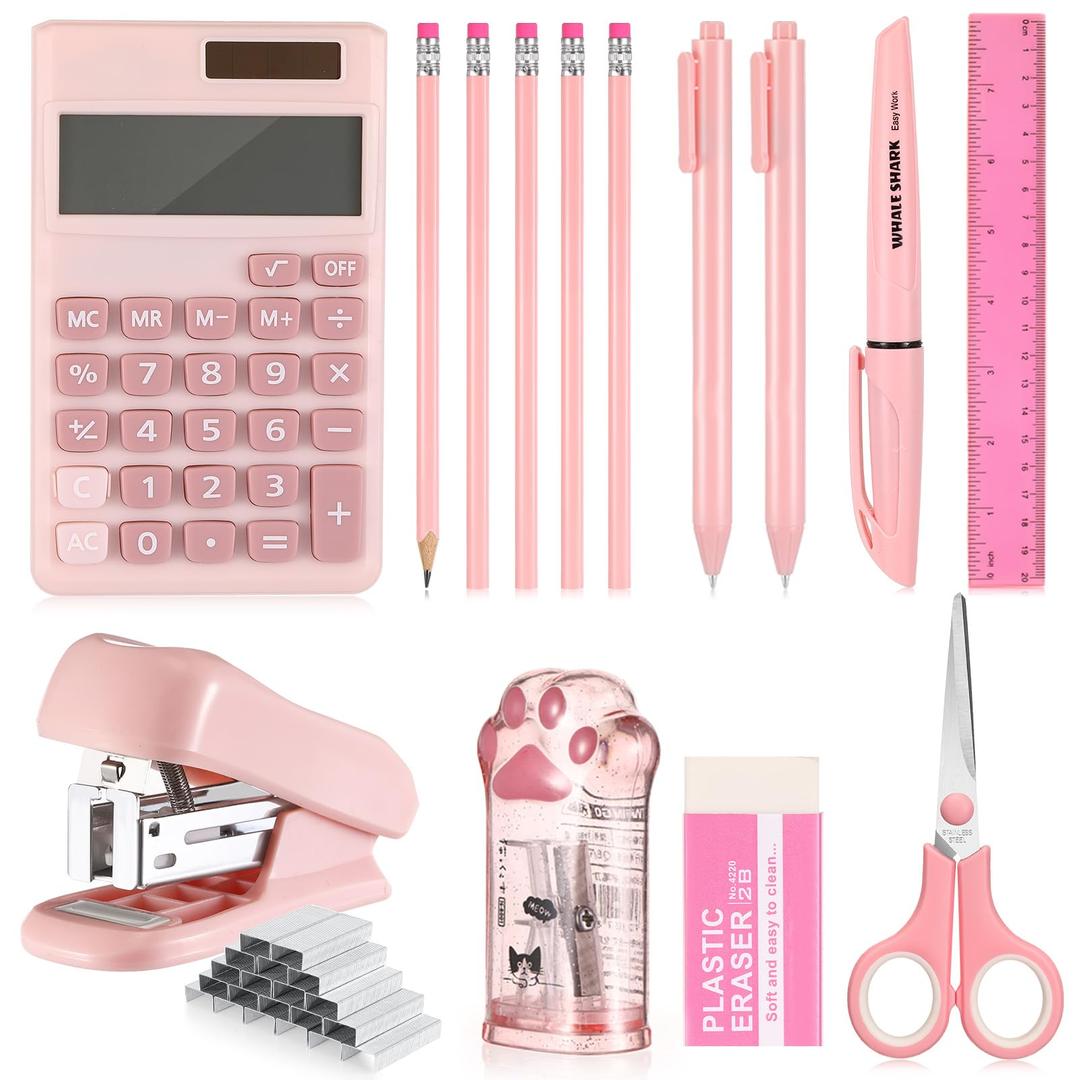 15 Pcs Back to School Supplies for Kids Cute Stationery Supplies Mini School Office Supplies Kit Includes Stapler Ruler Pencils Scissor Pencil Sharpener Pen Calculator Highlighter Eraser (Pink)