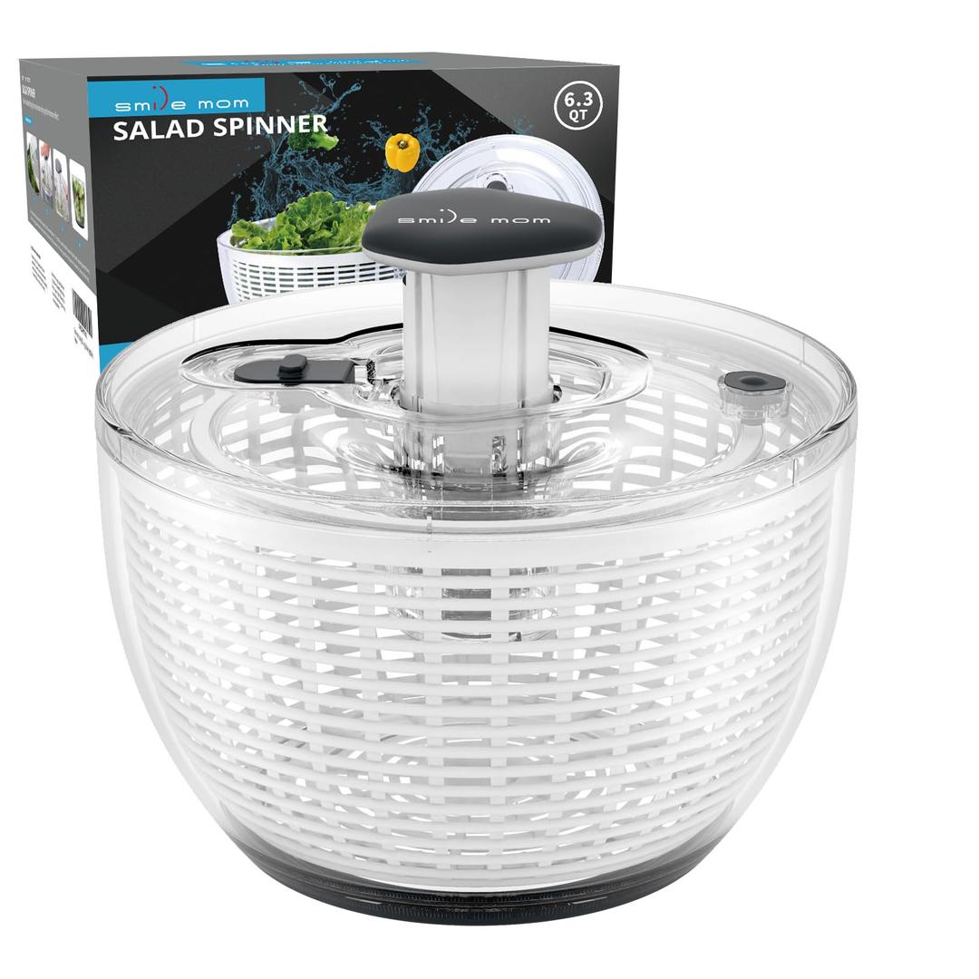 Smile mom Salad Spinner Large Lettuce Spinner Kitchen Gadgets, Large Salad Spinner Vegetable Washer, High Efficiency for Kitchen Washing & Drying Leafy Vegetables, One-Handed Easy Press 6.3 Qt White