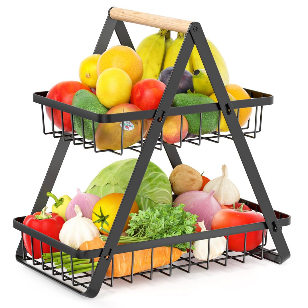 2 Tier Fruit Basket, Upgraded Fruit Bowl, Detachable Metal Fruit Holder Vegetable Basket for Kitchen Counter, Large Capacity Fruit Storage Stand Organizer for Produce Bread Snack, Black