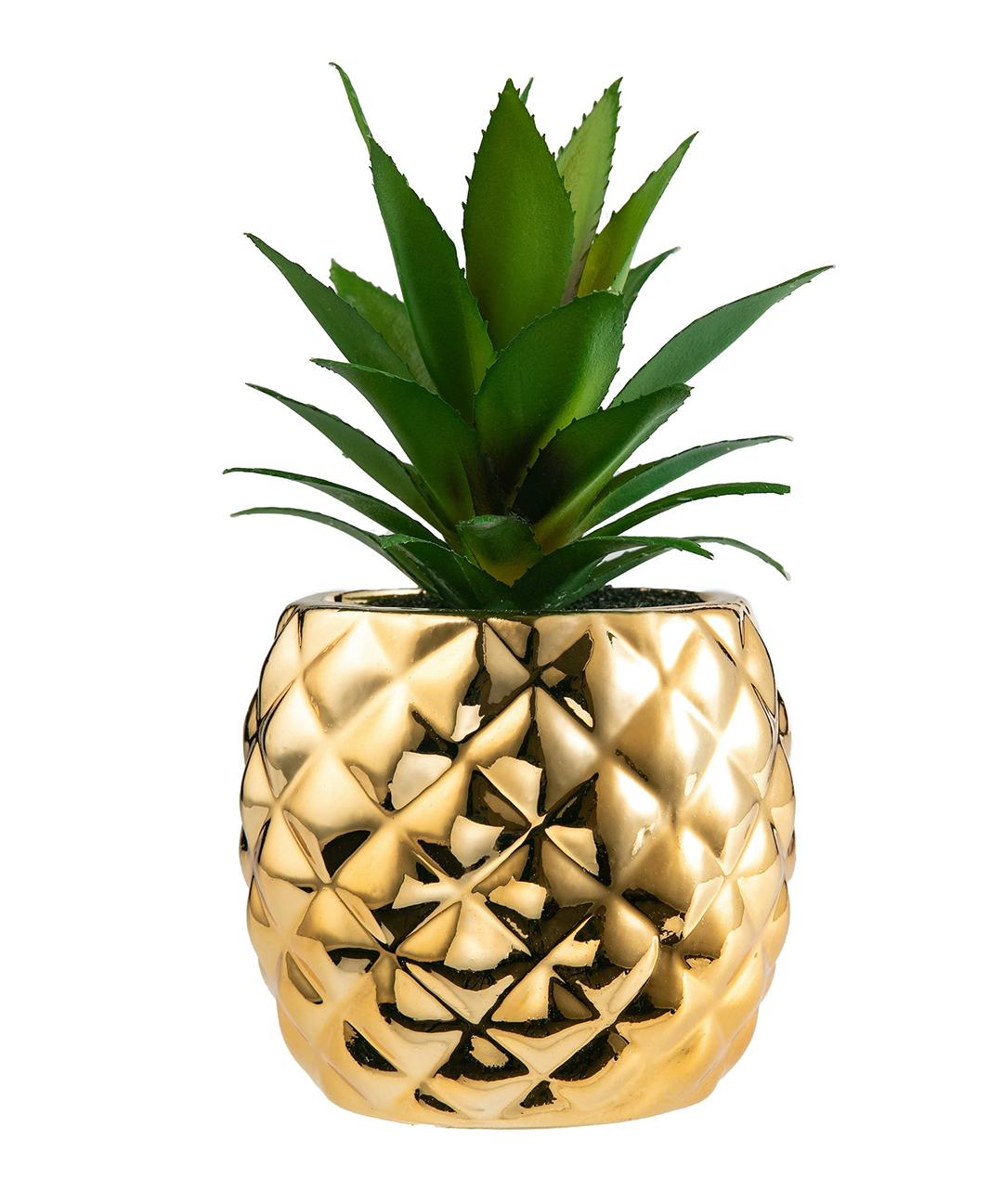 Golden Pineapple Ananas Potted Artificial Plant Faux Succulents Home Office Tabletop Decoration (Gold)