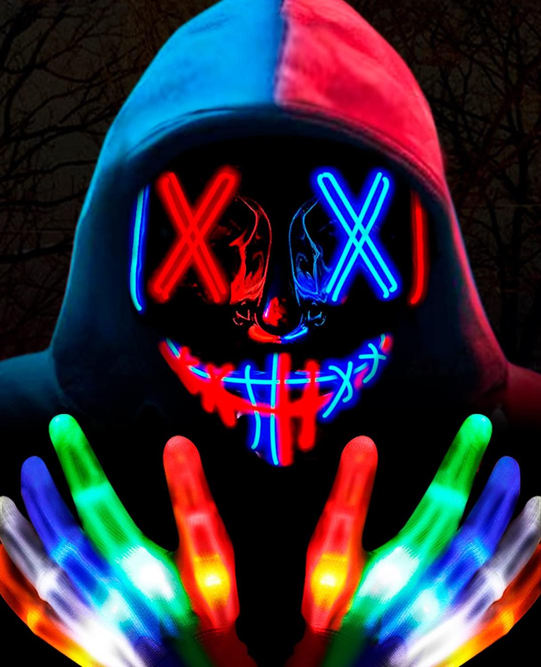 Halloween Mask LED Light Up Purge Mask with LED Gloves, Scary Glow Mask Costume for Men Women Kids Cosplay