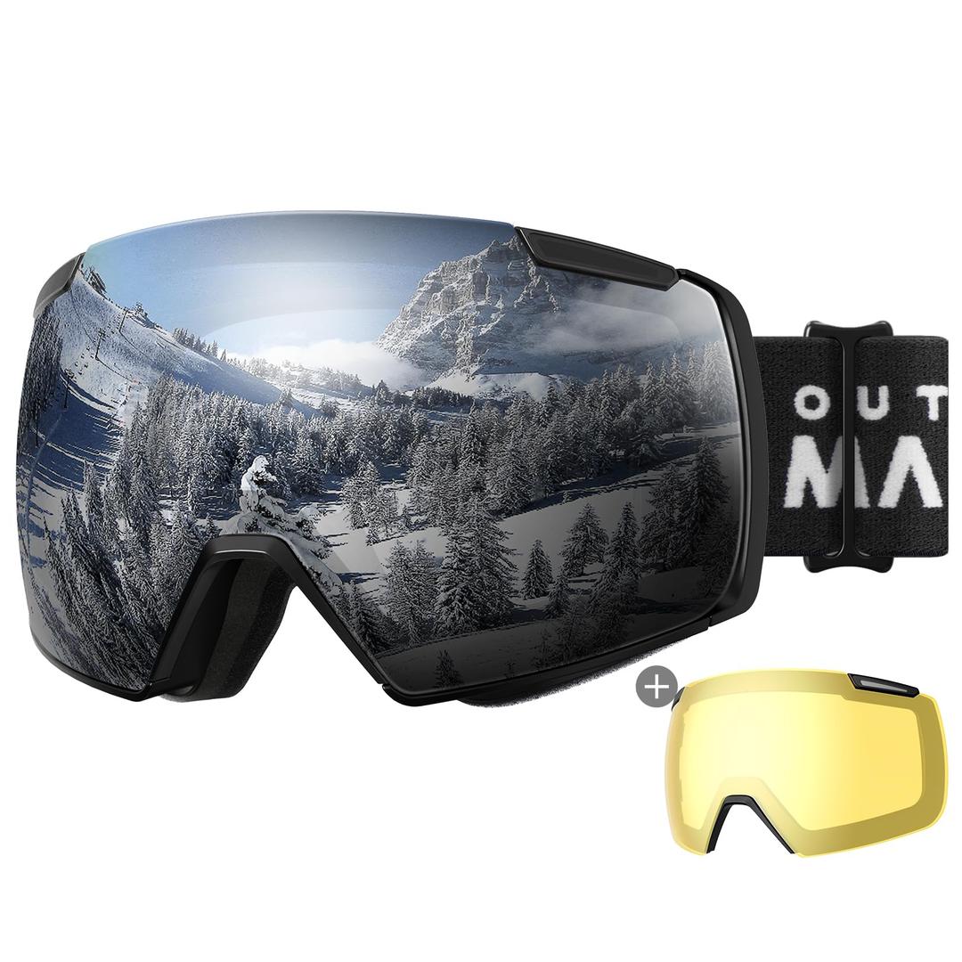 OutdoorMasterHeron Ski Goggles with 2 Lens, Frameless, Magnetic Interchangeable HD Toric Lens, OTG Snowboard Goggles