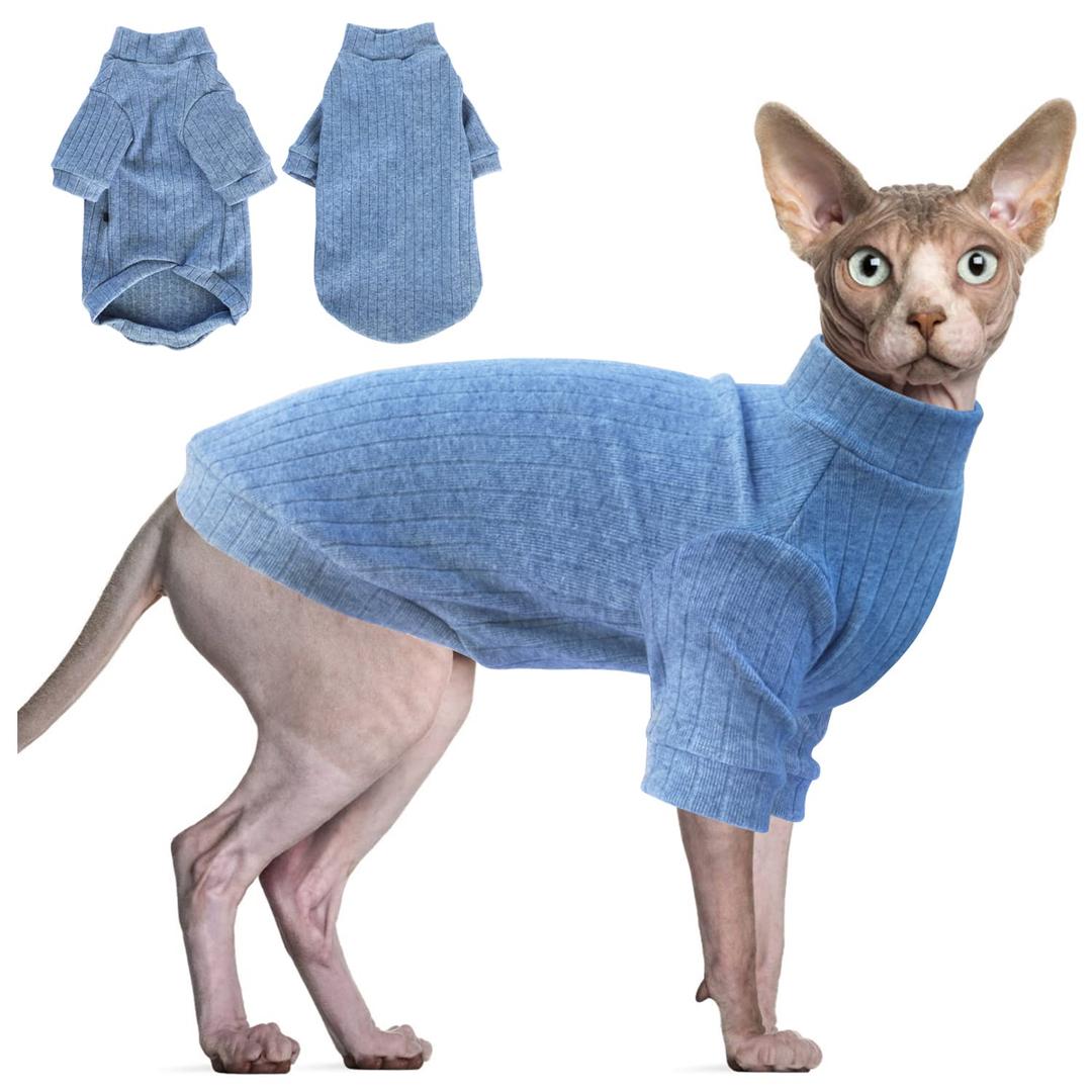 Idepet Sphynx Hairless Cats Sweater Shirt Kitten Soft Puppy Clothes Pullover Cute Cat Pajamas Jumpsuit Cotton Apparel Pet Winter Turtleneck for Cats and Teacup Chihuahua Small Dogs(Blue,M)