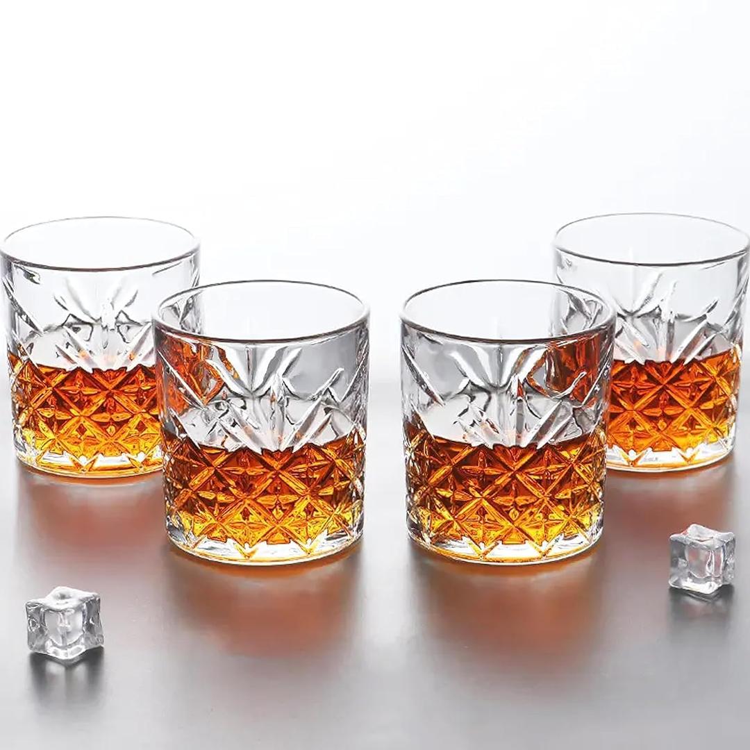 WazobaCrystal Whiskey Glasses Set of 6 pcs- 300 ml Bar Glass for Drinking Bourbon, Whisky, Scotch, Cocktails, Cognac- Old Fashioned Cocktail Tumblers Diamond Glass Set of 6