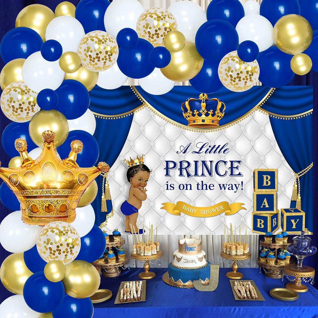 JOYMEMORoyal Prince Baby Shower Decorations Balloon Garland Kit Blue and Gold with Royal Prince Baby Shower Backdrop Photography for Boys Girls Prince Baby Shower Birthday Party Supplies