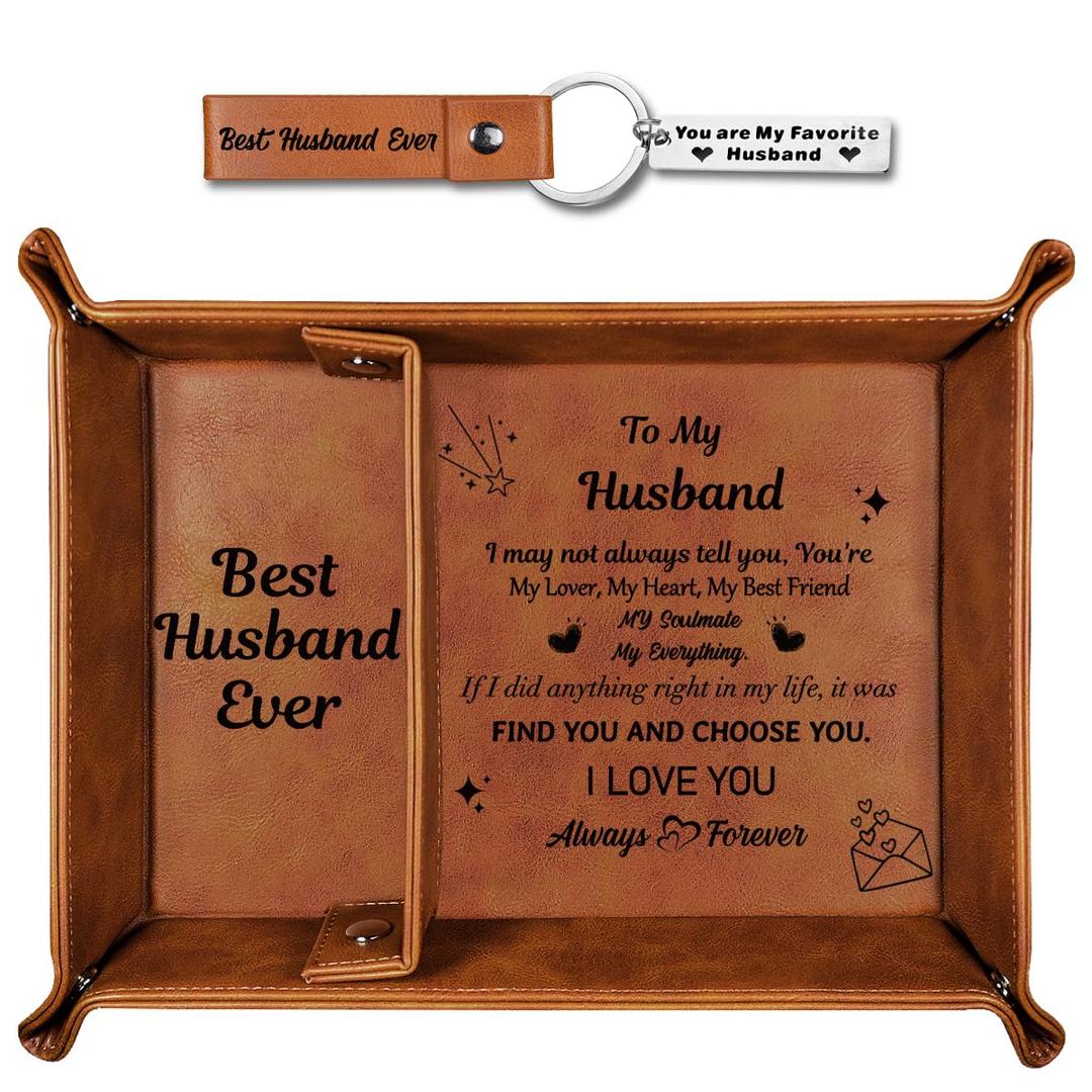 MUKOSELBest Husband Ever Gifts for Husband PU Leather Valet Tray and Keychain, Christmas Husband Gifts Stocking Stuffers, Fathers Day Anniversary Birthday Valentines Day Gifts for Husband Him from Wife