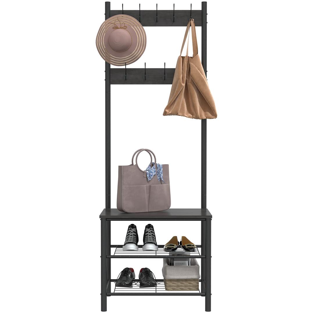 YusongIndustrial Coat Rack Shoe Bench,Entryway Hall Trees Storage Shelf with 2 Mesh Shelves,3 in 1 Design,Easy Assembly, Gray