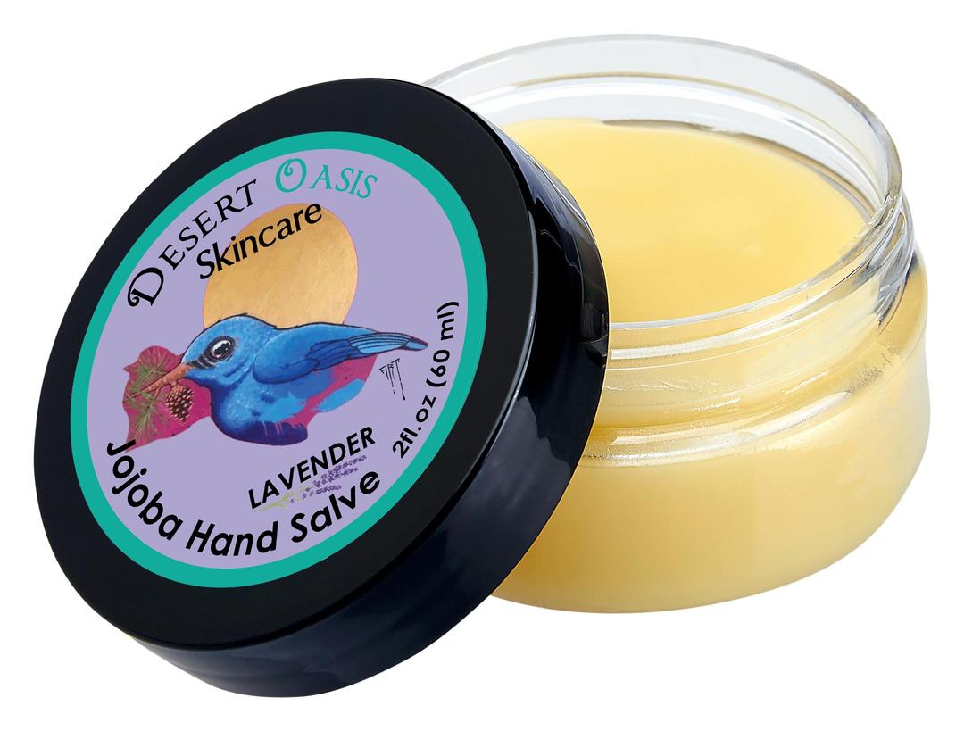 Lavender Jojoba Oil Hand Salve. Over 50% Pure Organic Jojoba Oil. Moisturizes Hair, skin, face, hands, feet naturally. Softening formula with Organic Beeswax and Organic Avocado Oil.(2 oz/60gm)