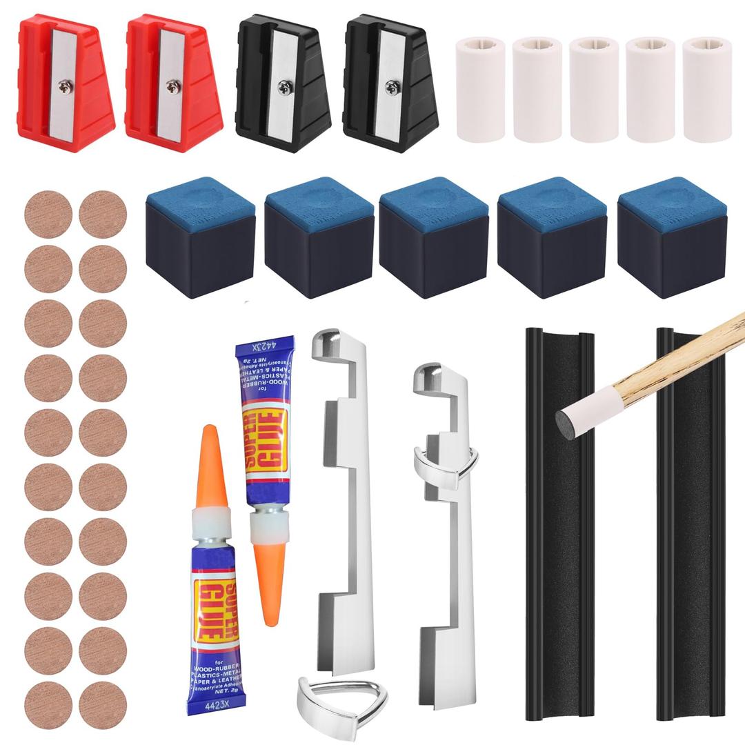 Vefungyan 40pcs Pool Cue Repair Kit: 20 Billiard Cue Tips 4 Shaper 5 Chalk Cubes 5 Pool Cue Repairers kit set