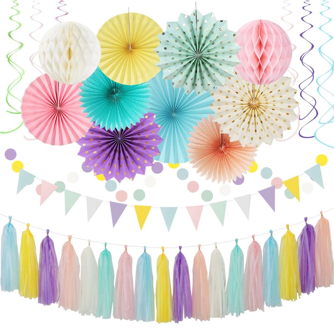 Pastel Rainbow Pink Purple Yellow Peach Party-Decorations - 33pcs Kits Banner,Streamers Tassel Garland,Tissue Pom Poms Honeycomb,Paper Lantern Fans,Birthday Wedding Bridal Baby Shower Decor Hugtmr