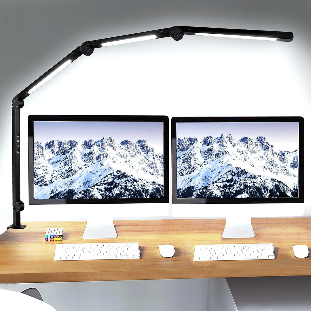 LED Desk Lamp with Clamp Flexible 4 sections Swing Arm Three light sources desk light, 4 Color Modes & 5 Brightness, Eye Caring Led table light with Memory Function for table lamps for office