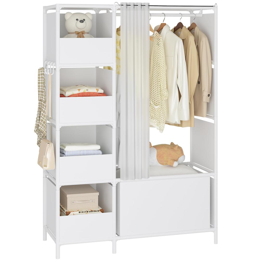 MOYIPIN Portable Closet，Free Standing Wardrobe Closet with Hanging Rod and Curtain，Clothes Storage Organizer, for Cloakroom, Bedroom，40.55 x 16.73 x 65.35Inches，White