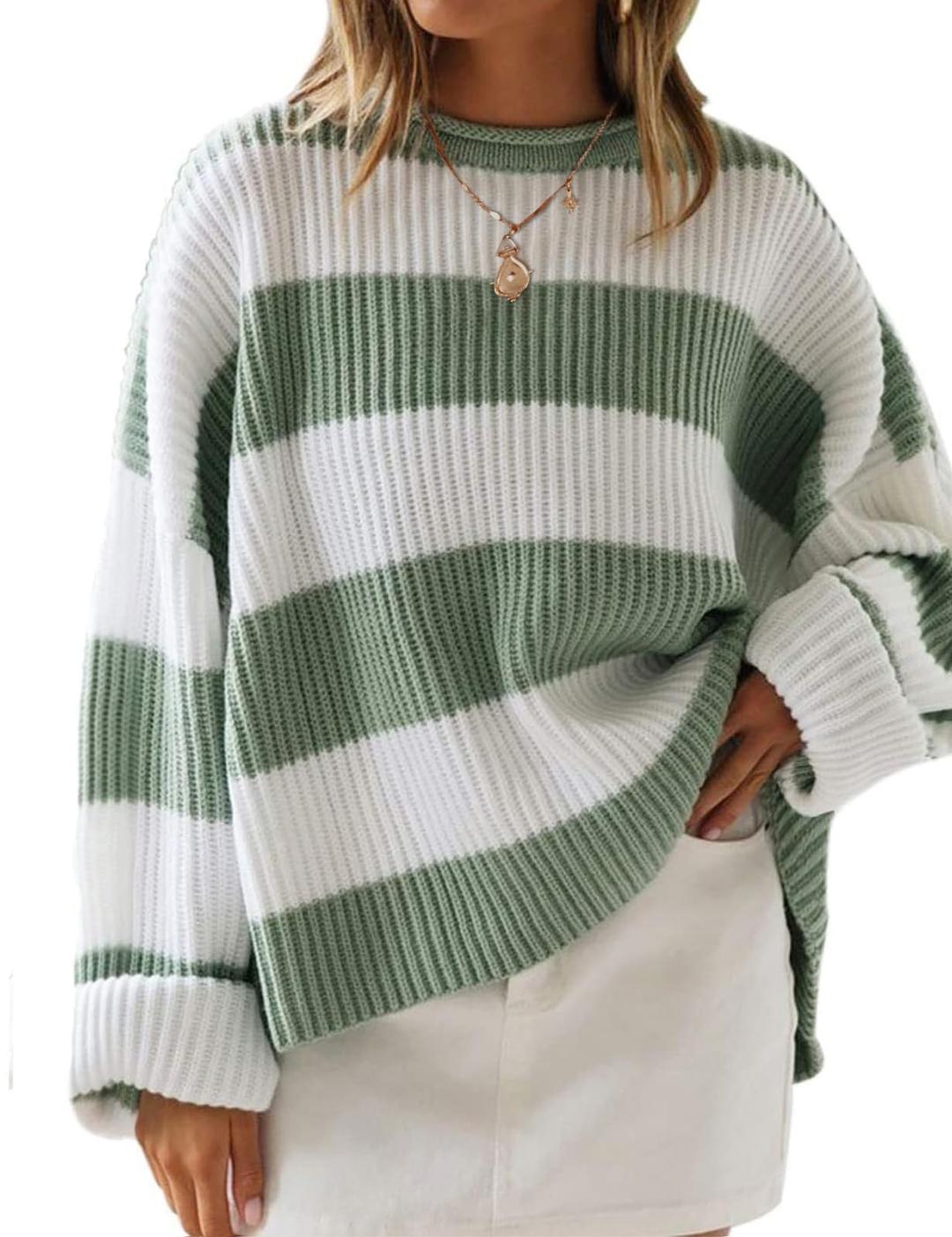 ZESICA Women's 2024 Fall Long Sleeve Crew Neck Striped Color Block Comfy Loose Oversized Knitted Pullover Sweater