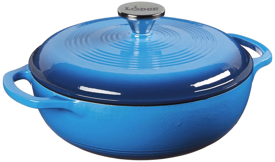 Lodge 3 Quart Enameled Cast Iron Dutch Oven with Lid – Dual Handles – Oven Safe up to 500° F or on Stovetop - Use to Marinate, Cook, Bake, Refrigerate and Serve – Caribbean Blue