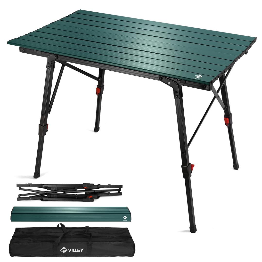 VILLEY Portable Camping Table with Adjustable Legs, Lightweight Aluminum Folding Beach Table with Carrying Bag for Outdoor Cooking, Picnic, Beach, Backyards, BBQ and Party