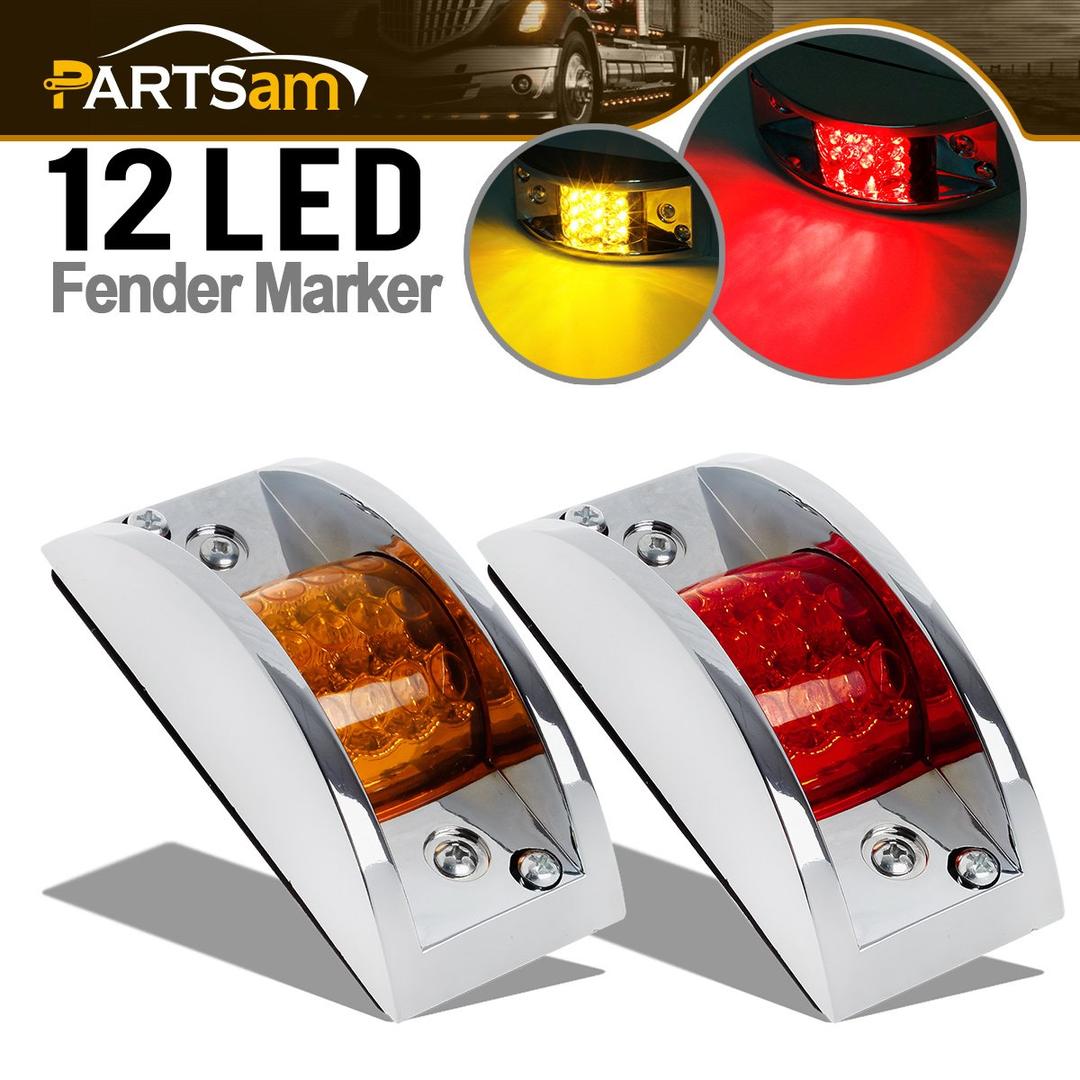 Partsam 2pcs Amber/Red 12 LED Side Marker Clearance Light, Chrome Guarded Armored Utinity Trailer LED Lights For Cargo Trailer Tractor Truck RV Camper Bus