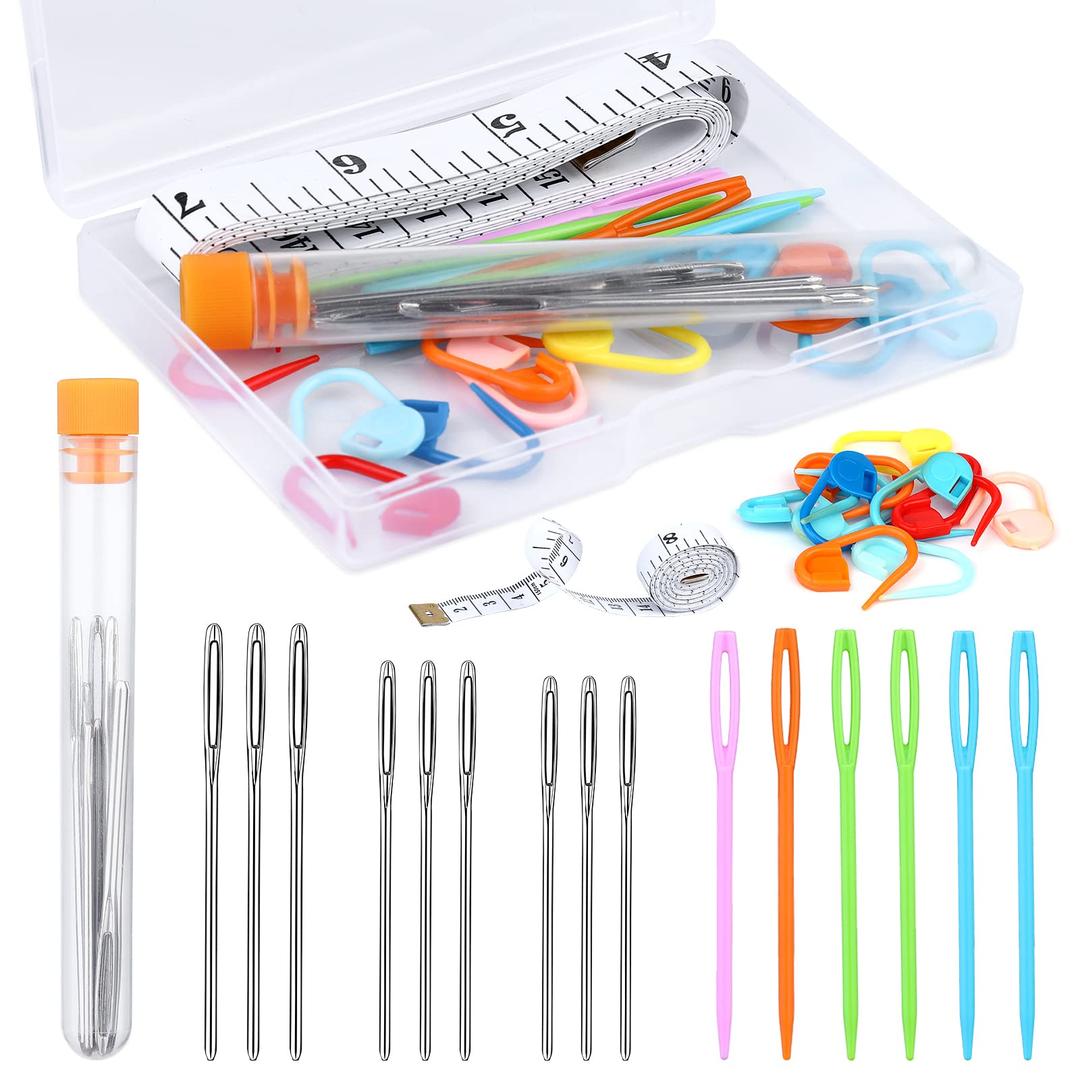 Knitting Tool Kit Knitting and Crochet Accessories Large Eye Blunt Needles Plastic Needles with Tape Measure Stitch Markers Storage Box for DIY Handmade Knitting and Sewing