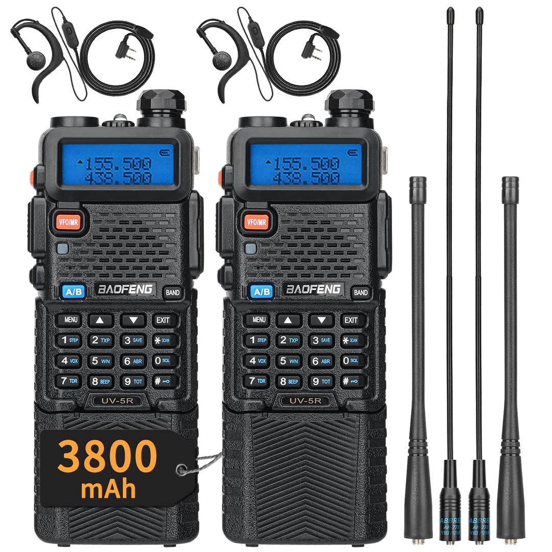 Baofeng UV-5R Ham Radio Handheld,UV5R Baofeng Radio Dual Band Long Rang Walkie Talkie Rechargeable 3800mAh Battery with Extra AR771 Antenna Earpiece Full Kits (Black-2Pack 3800mAh+771)