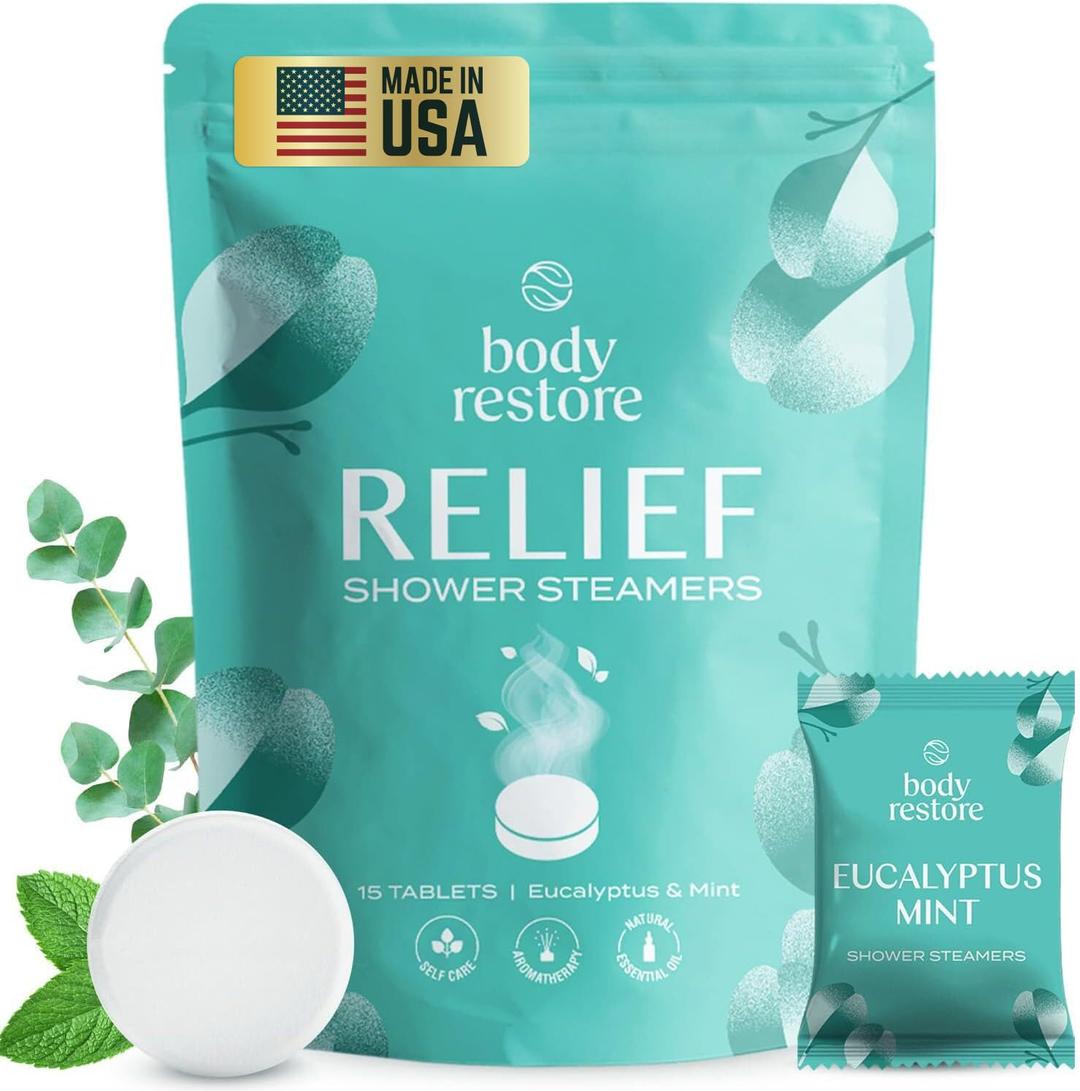 Body Restore Shower Steamers Aromatherapy 15 Pack - Christmas Gifts for Women, Stocking Stuffers, Birthday Gifts for Mom, White Elephant Gift, Travel Essentials, Self Care - Eucalyptus