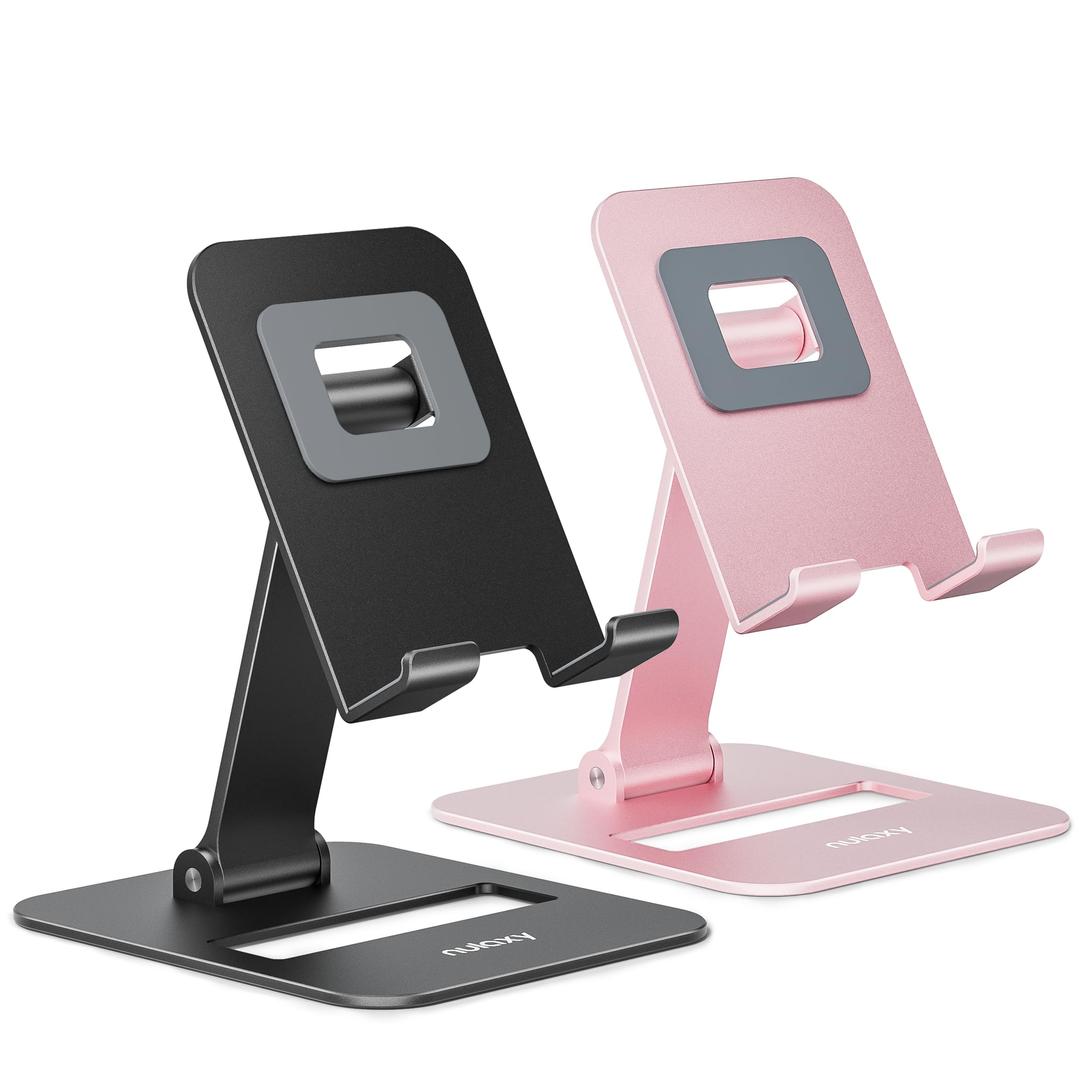 Nulaxy 2 Pack Dual Folding Cell Phone Stand, Fully Adjustable Phone Holder for Desk, Compatible with iPhone 16 15 14 13 12 11, Nintendo Switch, All Phones, Black & Rose Gold