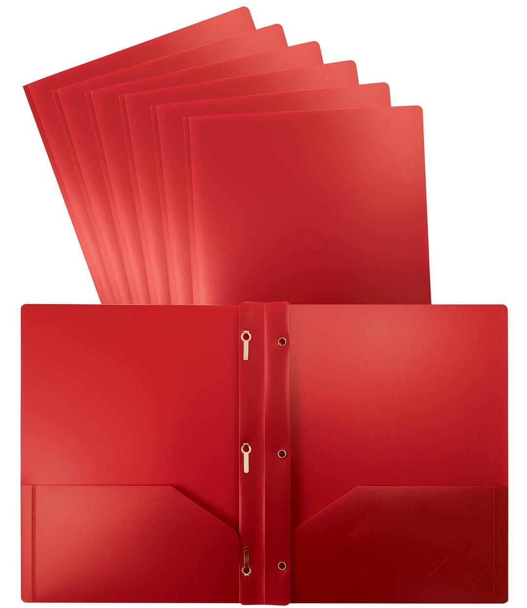 Better Office Products Red Plastic 2 Pocket Folders with Prongs, Heavyweight, Letter Size Poly Folders, 24 Pack, with 3 Metal Prongs Fastener Clips, Red