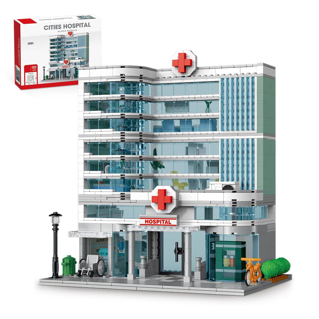 City Hospital Toy Building Set with LED Lighting, Compatible with Lego, Modular Three-Story Architecture Set for Adults, Gift Idea for Kids Ages 10 and Up (1350 Pieces)