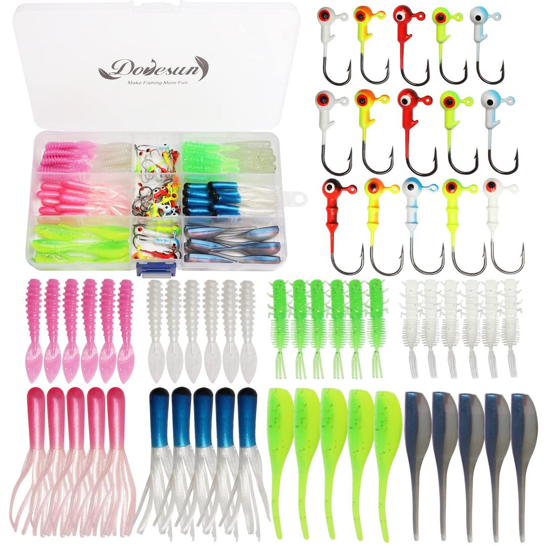 Dovesun 110pcs Crappie Lures with Jig Heads Hooks Kit- Soft Plastic Grubs-Tubes Bait 80Pcs 1/8 1/16 1/32 oz 30Pcs Crappie Jigs Fishing Lures Kit for Saltwater Freshwater Fishing /(120PCS-95PCS)