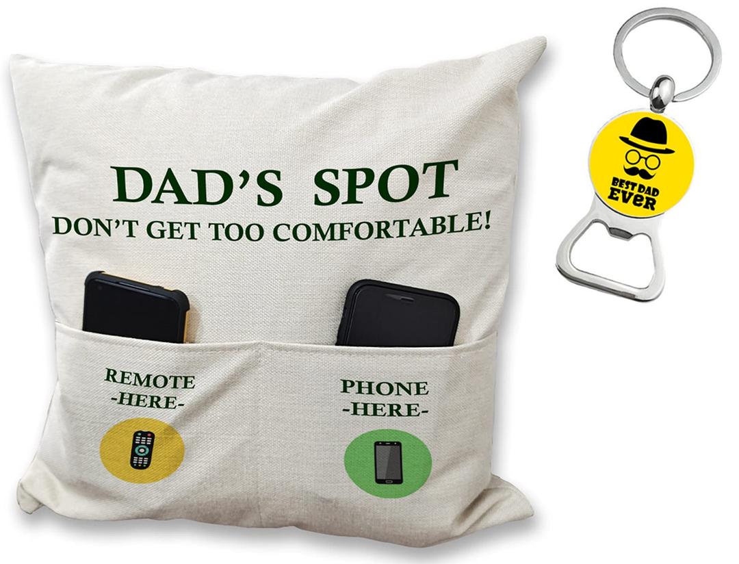 Gifts for Dad from Daughter Wife Son, 2-Pocket Dad’s Spot Throw Pillow Covers 18 x 18 Inch + Keychain Bottle Opener, Birthday Christmas Thanksgiving Day Gifts for Papa Stepdad