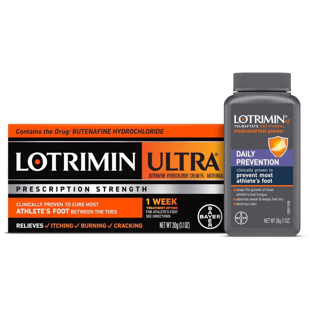 LotriminUltra, One Week Athlete's Foot Cream, 1.1 Oz Tube with Daily Prevention Athlete's Foot Medicated Foot Powder, 1 Oz Bottle