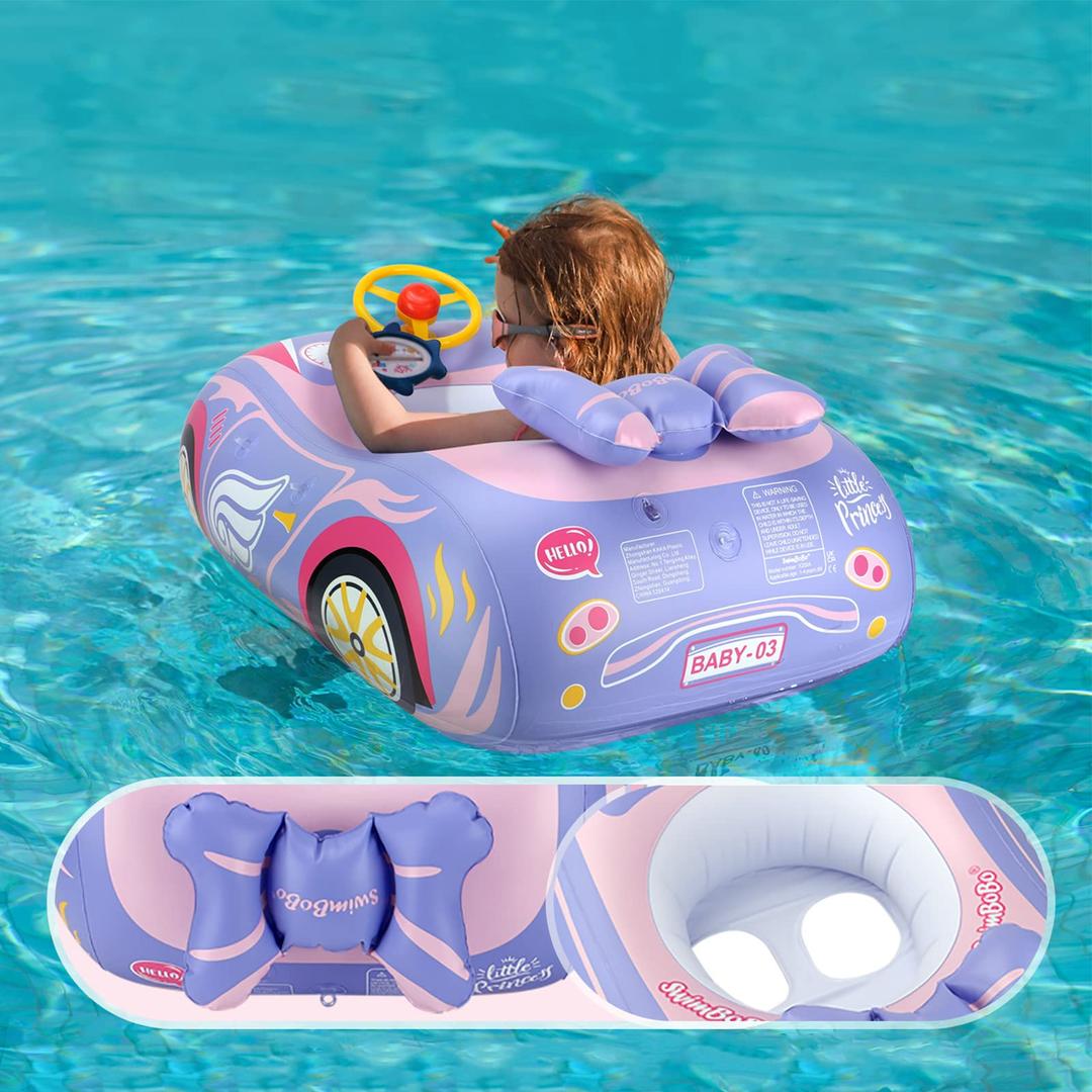 Baby Pool Float with 3D Car Design, Heavy Duty PVC Baby Swim Float, Toddler Pool Float, Swimming Floats Seat Boat with Steering Wheel for 12-18, 12-24 Months, Age 2-3, 1-4 Years Girl Boy