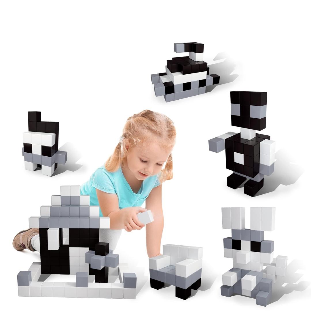 Picasso Cubes 1” Magnetic Puzzle Cube 101 pcs Black and White Magnet Construction Building Block Set Sensory Toy Early Education STEM Learning, Free Ideabook with 53 Ideas, Children Age 3+ Boy Girl