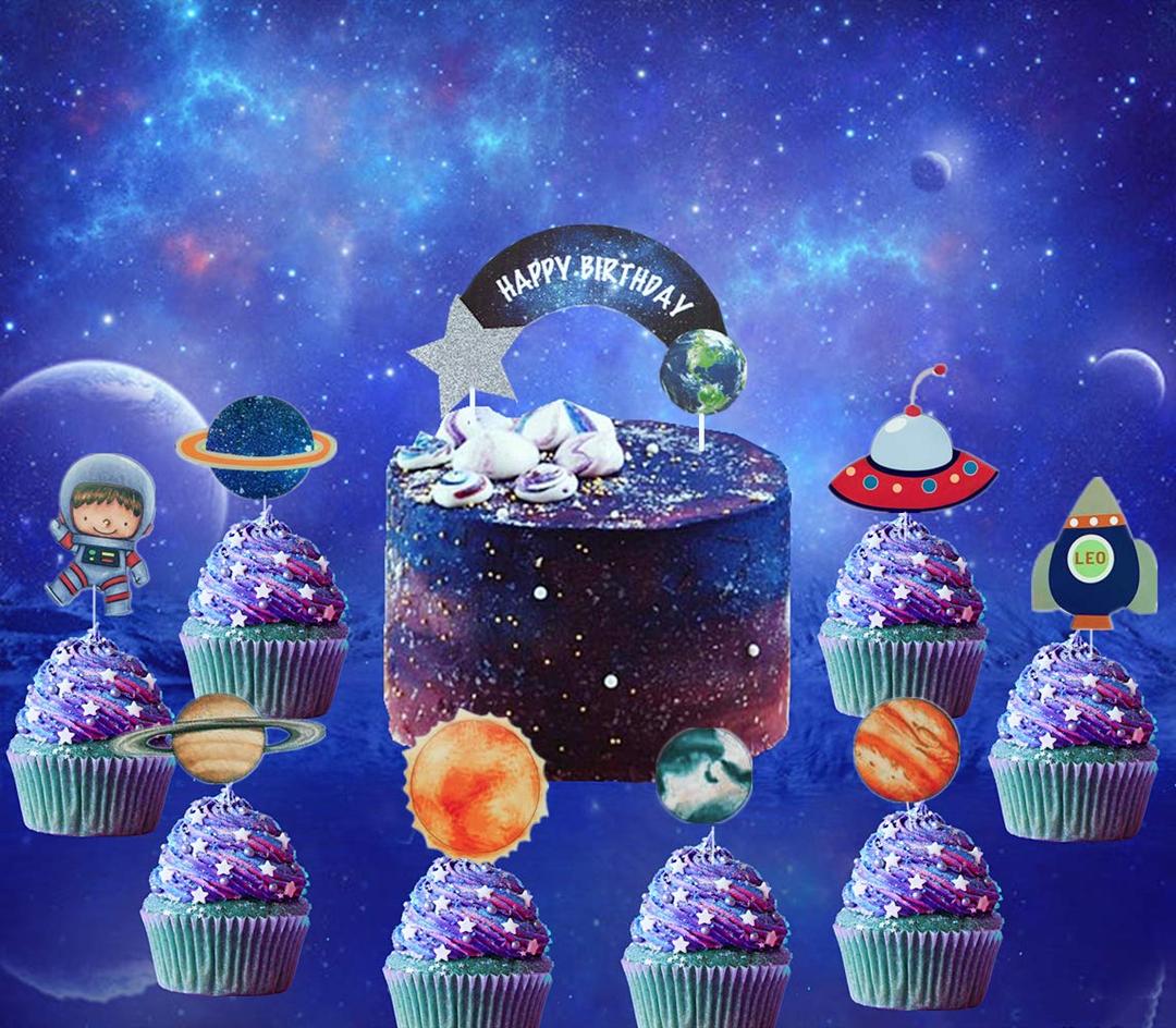 27 PCS JeVenis Solar System Birthday Cake Topper Space Cupcake Toppers Rocket Cake Decorations Planets Cupcake Toppers for Space Theme Party Planets Birthday Party