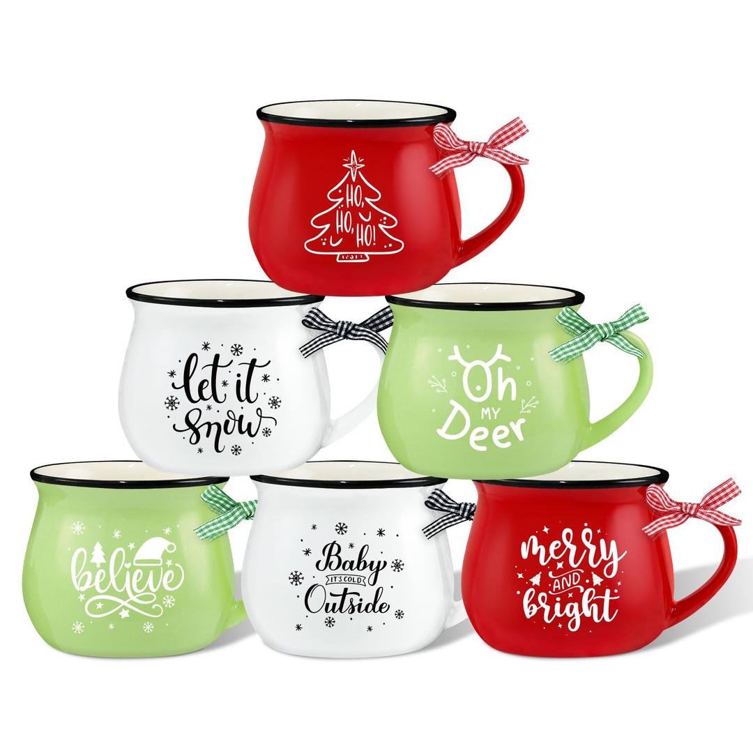 Christmas Coffee Mug Set of 6, 12 oz Hot Cocoa Ceramic Coffee Mug, Stackable Christmas Coffee Mug as Christmas Gift for Mom Woman Family Friends Colleagues