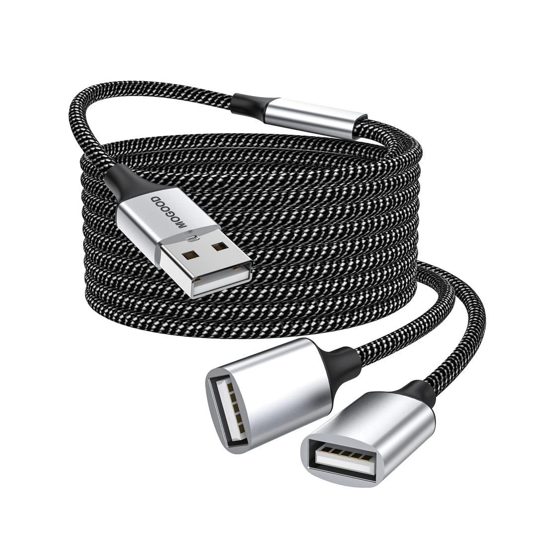 USB Extension Cable,USB A Male to 2 Female Extension Cord Durable USB Splitter Cable Nylon Braided Fast Data Transfer Compatible with Printer, USB Keyboard, Flash Drive, Hard Drive, PlayStation