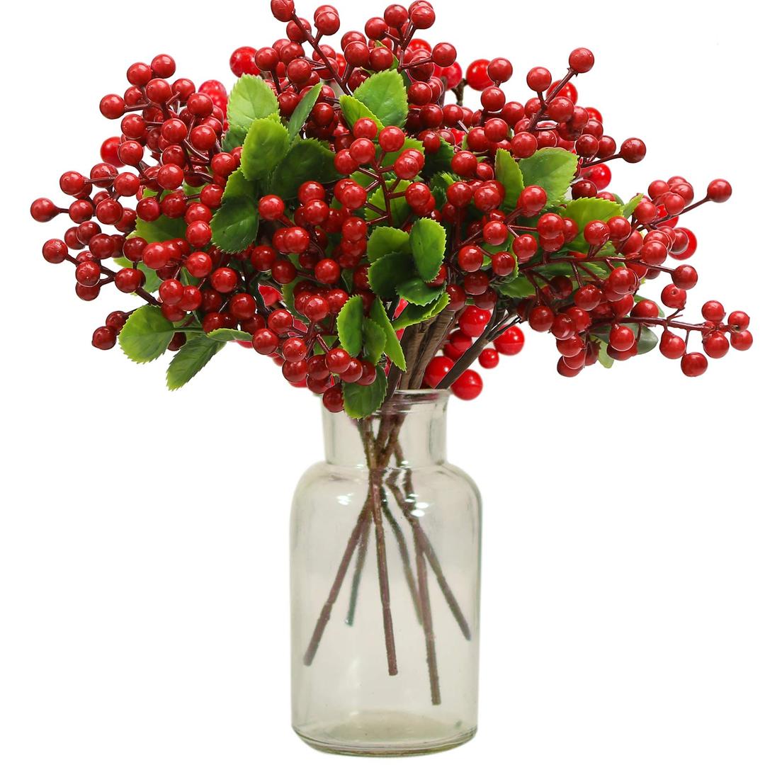 INFLORAL 16 Pack Artificial Red Berry Stems Fake 9.4In Holly Berry Branches for Christmas Tree DIY Xmas Wreath Vase Table Centerpiece Gift Wrapping Home Decor