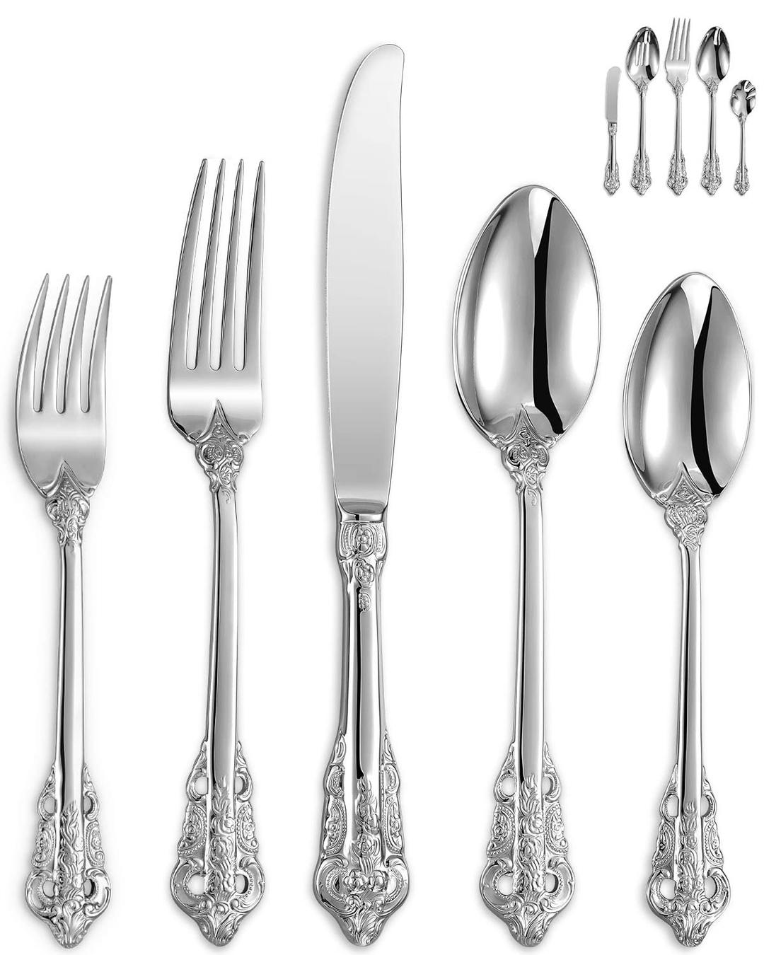 KEAWELL Gorgeous 45-Piece 18/10 Stainless Steel Silverware Set, Service for 8 with Serving Set, Mirror Finish, Gift Box, Antique Baroque Silver Flatware Cutlery Set