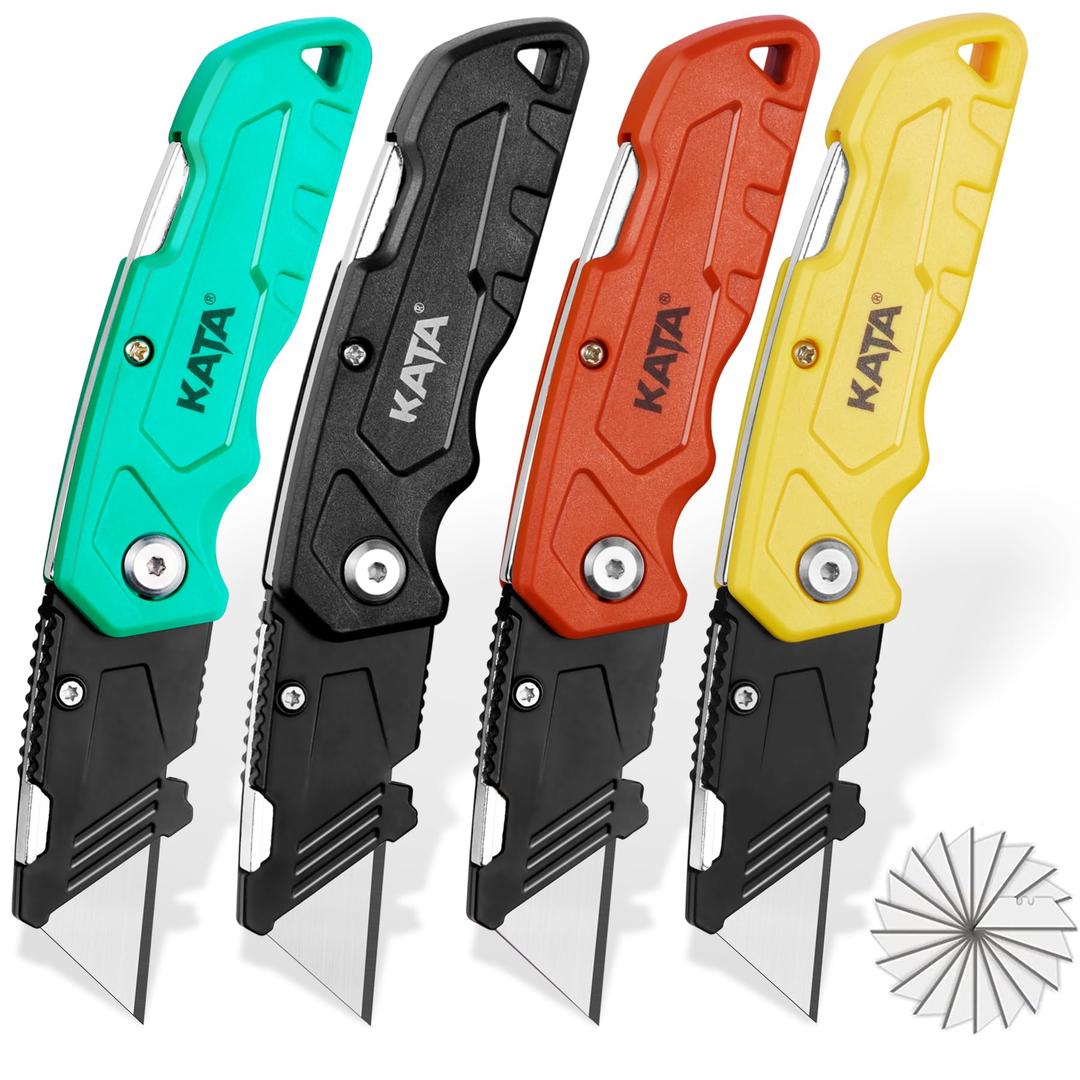 KATA 4-PACK Folding Utility Knife, Heavy Duty Box Cutter with 20pcs SK5 Quick Change Blades, Safety Lock Back Design, Used for Cutting Cartons, Cardboards and Boxes