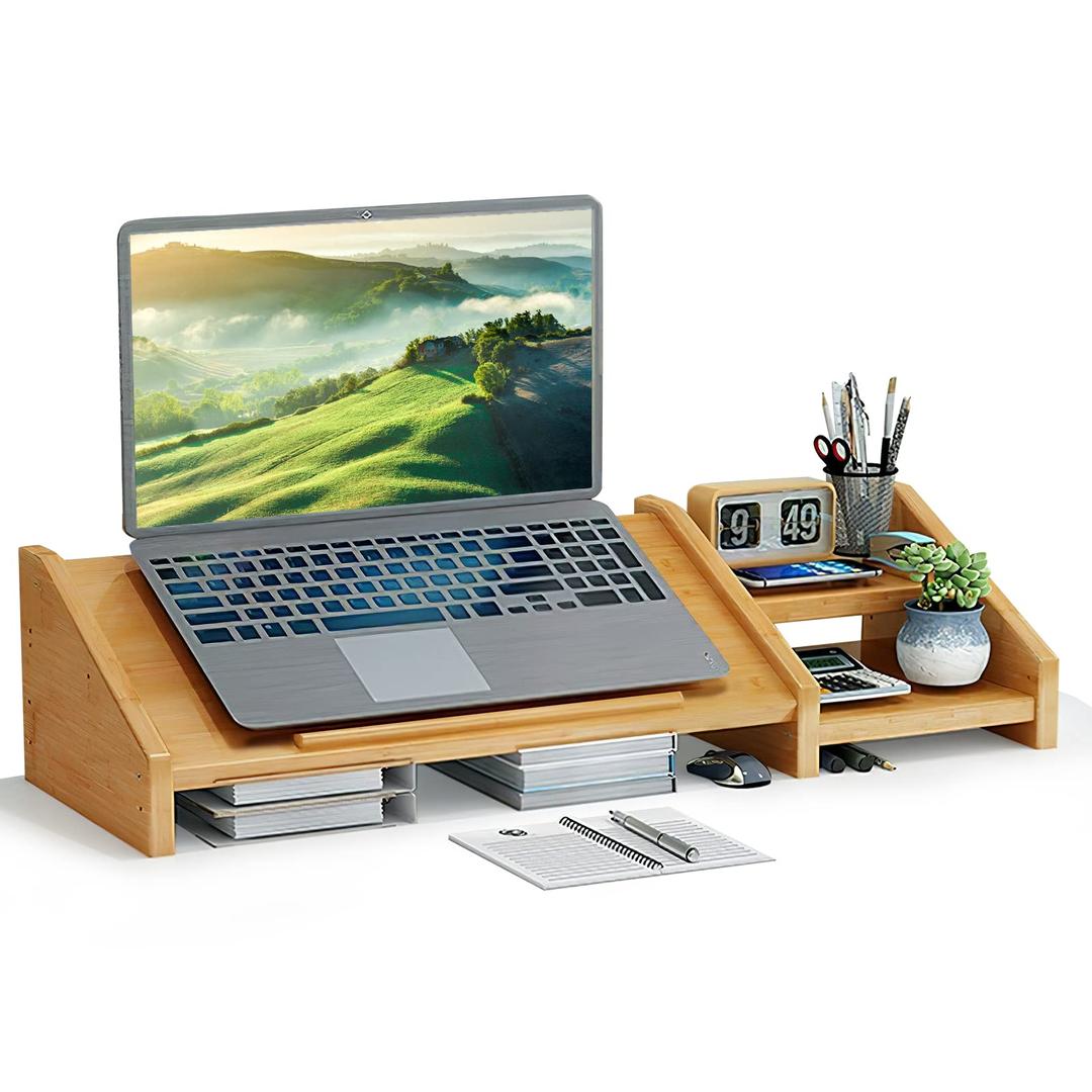 Ufine Bamboo Laptop Stand for Desk 3 Heights Adjustable Notebook Stand Computer Monitor Riser with 2 Tier Storage Shelf, Desktop Organizer Printer Stand for Home Office