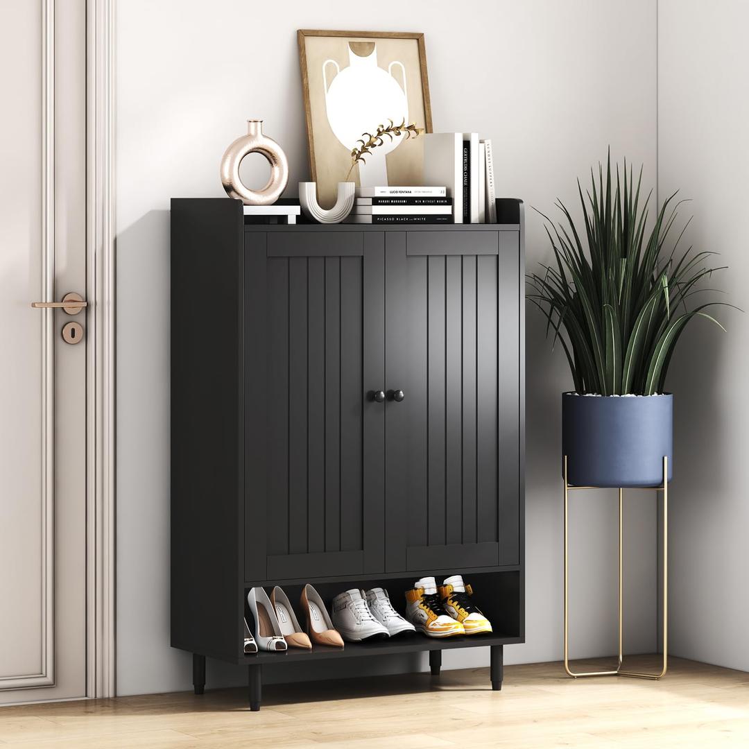 Entryway Shoe Cabinet Storage, Black Shoe Cabinet with Doors, 6-Tier Shoe Cabinet with 3 Adjustable Shelves, Shoes Rack Shoe Storage Organizer for Entryway, Hallway, Closet, Living Room