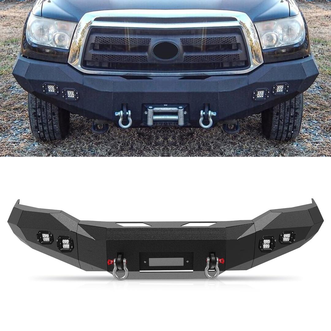 Off-Road Front Bumper Fit for Toyota Tundra 2007 2008 2009 2010 2011 2012 2013,Full Width Front Bumper with 4 LED Lamp Built-in Bolt Pattern Winch Plate 2 D-rings