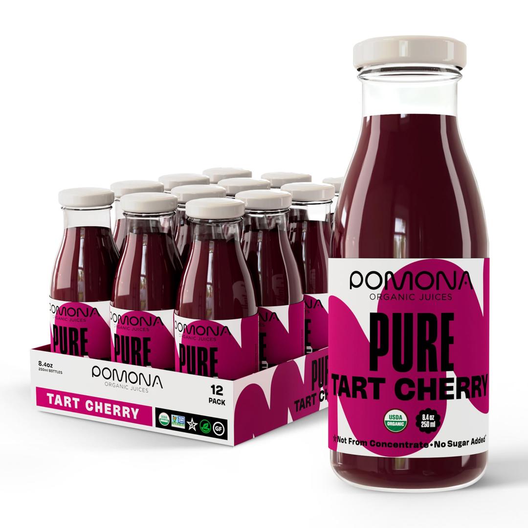 Pomona Organic Pure Tart Cherry Juice, Cold Pressed, Non-GMO, No Sugar Added, Not from Concentrate, Gluten Free, Kosher Certified, Preservative Free,8.4 Fl Oz (Pack of 12)