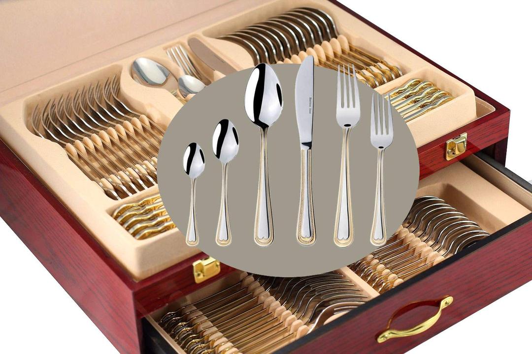 75-Piece Flatware Set for 12, Premium 18/10 Surgical Stainless Steel Silverware Cutlery Dining Service, 24K Gold-Plated Hostess Serving Set, Gift Wooden Storage Case (Pearls - Gold - 75pc)