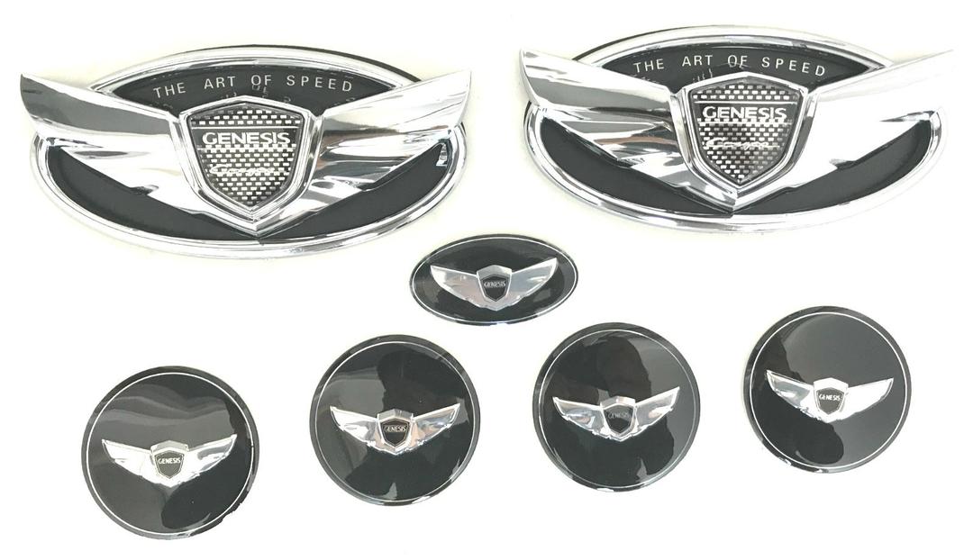 Exotic Store 7 Pieces 2010-2017 Fit for Hyundai Genesis "ART OF SPEED"Coupe Chrome Black WING Logo Front+ Trunk+ Steering wheel+ Rim center Caps Stickers TURBO Kit Emblem Badges (CHROME)