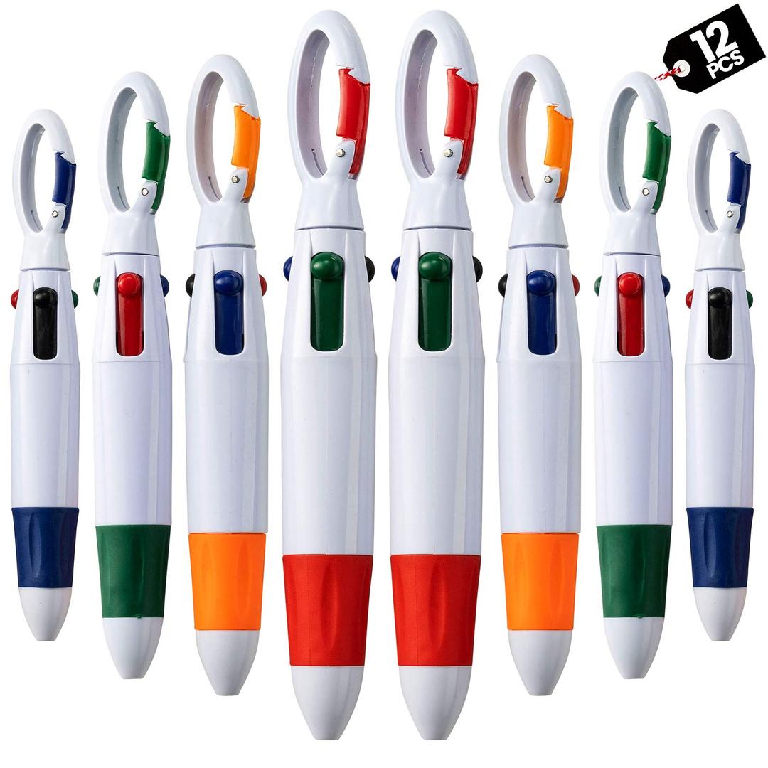 Retractable Shuttle Pens with Carabiner Clip - Pack of 12 Bulk Mini 4-in-1 Multi-Colored Ink Ballpoint Pens with Keychain for Adults, Kids, Nurses, School, Stocking Stuffer Gifts, Party Favors