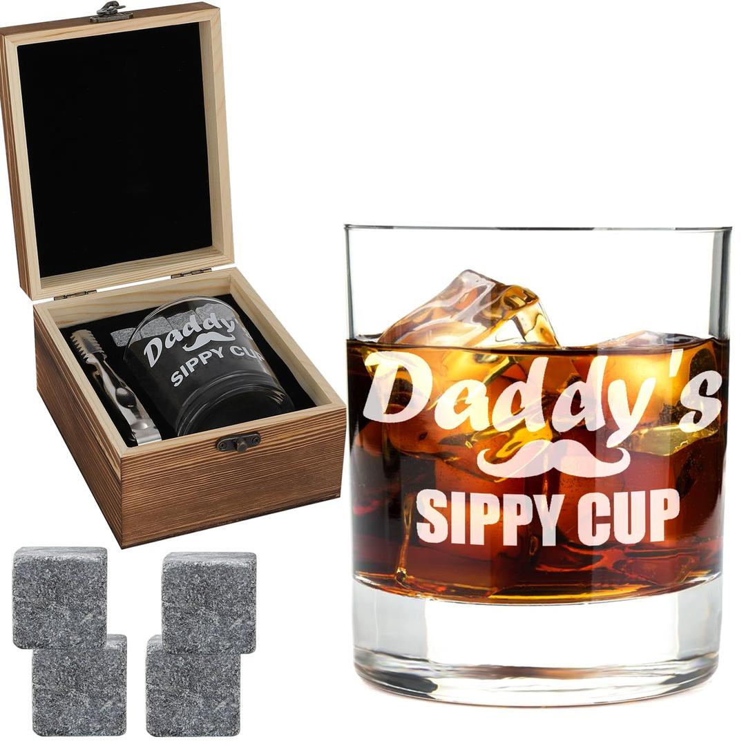 Daddy's Sippy Cup Whiskey Glass - Funny Gifts for New Dad, from Wife - 11oz Whiskey Glass & 4 Whisky Stones Sets for First Father's Day, Birthday