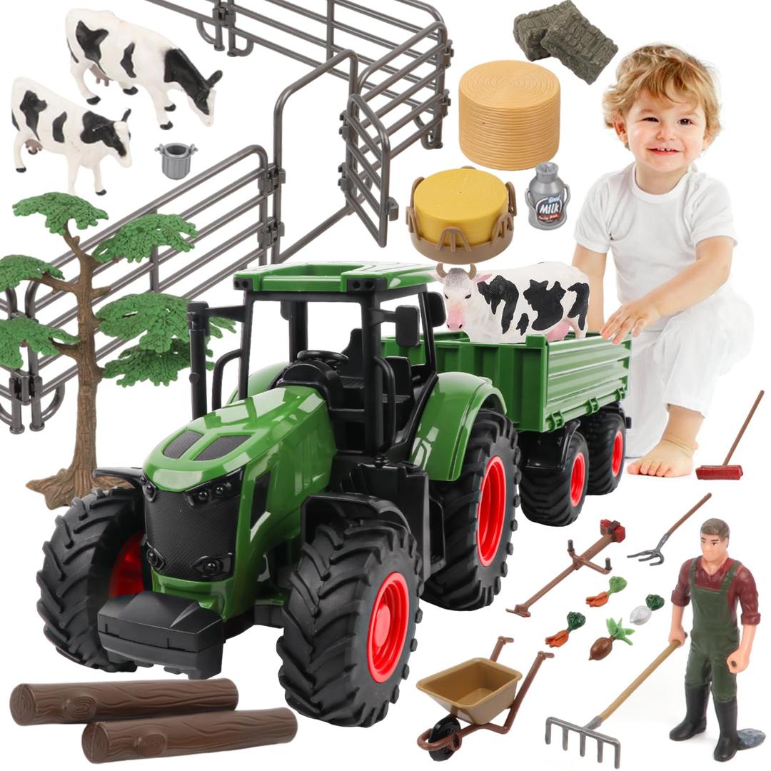 Farm Animal Tractor Toys Playset-16.5 Inches Tractor with Trailer Fence,Farmer,Tree,Cow,Farm Toy Set for Boys Girls Kids Toddlers Age 3-7 Years Old